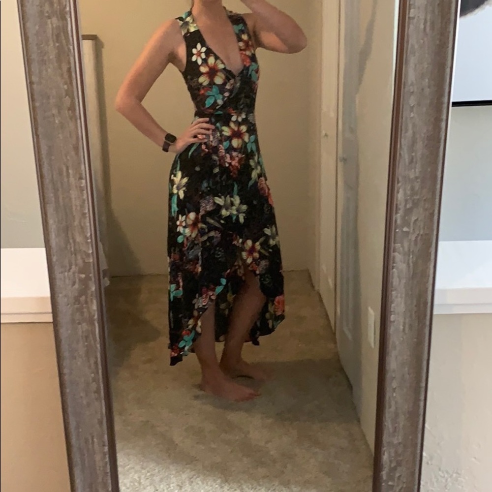 Lulu’s black floral high-low wrap dress